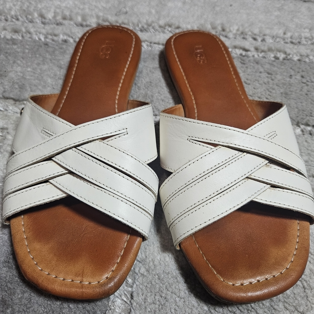 UGG Women’s White Leather Slide Sandals